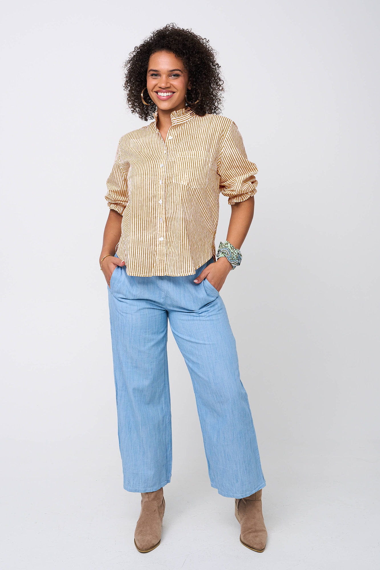 Good Girlfriend Shirt with Ruffle Trim Menswear Stripe Mocha 1 - Front