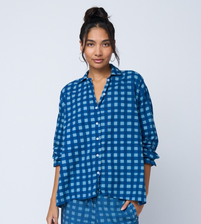 Relaxed Boyfriend Shirt - Gingham Picnic Overdye Cornflower Blue