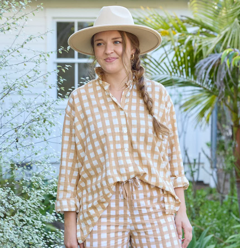 Relaxed Boyfriend Shirt - Gingham Picnic Baked Clay