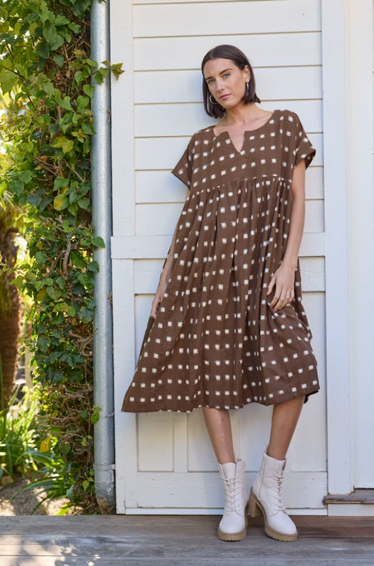 Meadow Dress - Ikat Squares Mocha