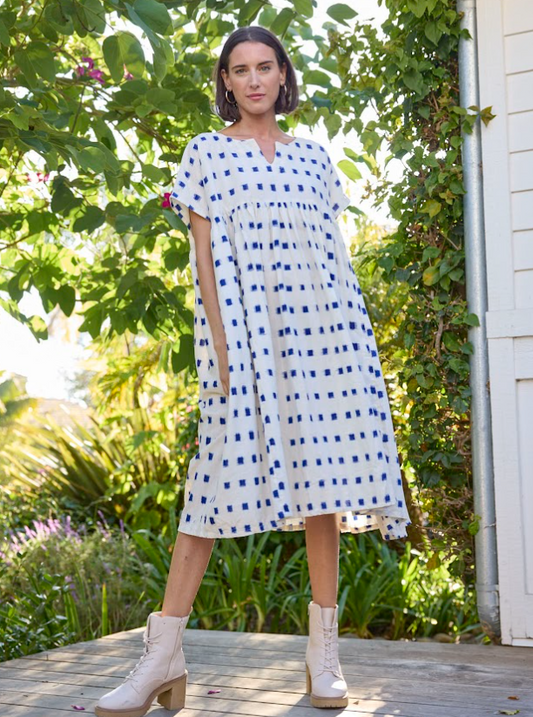 Meadow Dress - Ikat Squares Cobalt