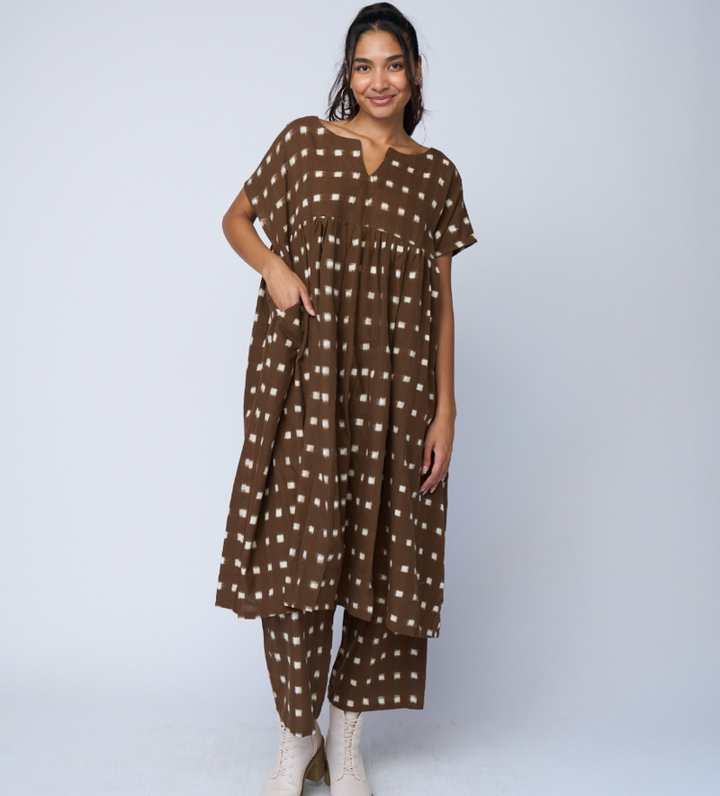 Meadow Dress -                                      Ikat Squares Mocha