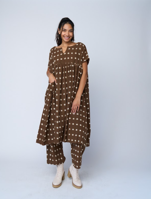 Meadow Dress -                                      Ikat Squares Mocha