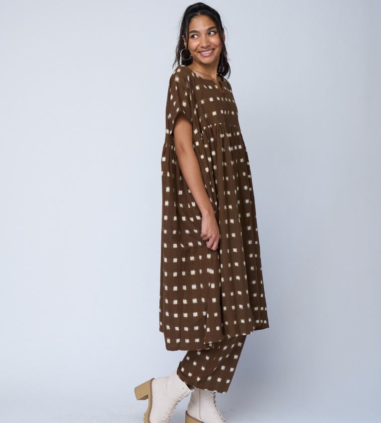 Meadow Dress -                                      Ikat Squares Mocha