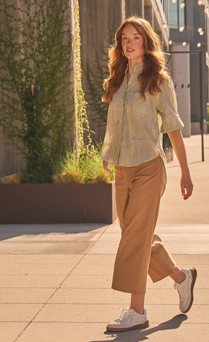 Good Girlfriend Shirt with Ruffle Trim Menswear Stripe Olive 4 - Side - Front