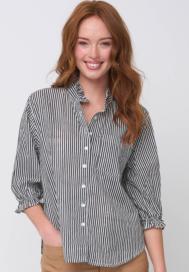 Good Girlfriend Shirt with Ruffle Trim Menswear Stripe Black 2 - Front - Studio
