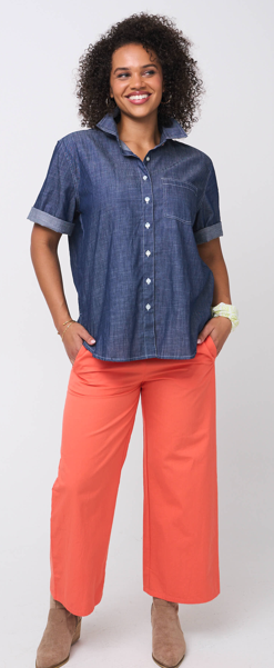 Good Boyfriend Shirt - Short Sleeve Chambray Dark Denim Wash 2 - Front - Full