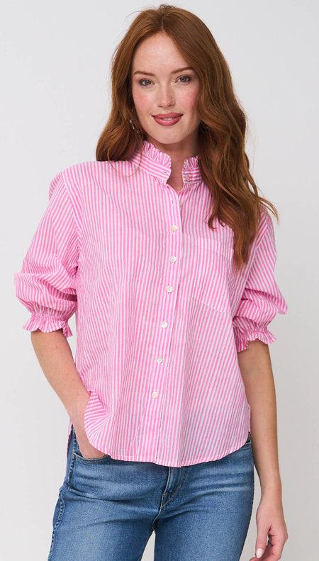 Good Girlfriend Shirt with Ruffle Trim Menswear Stripe Dahlia 1 - Front