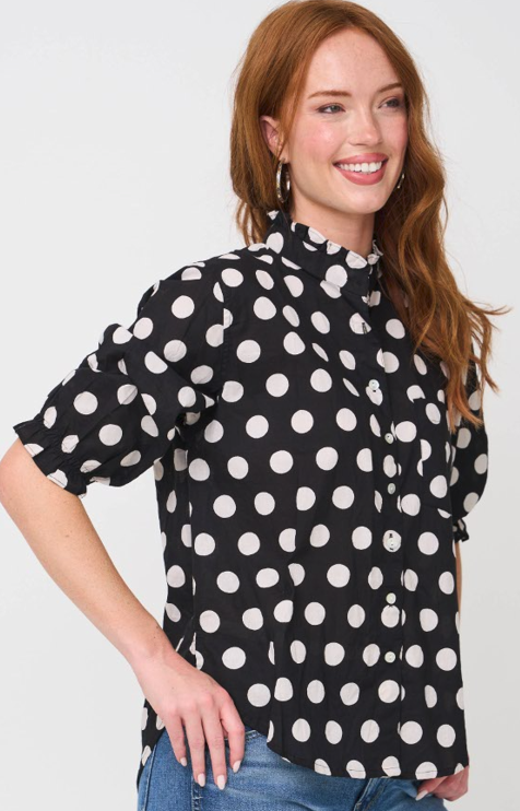Good Girlfriend Shirt with Ruffle Trim - True Dot Black 1 - Studio