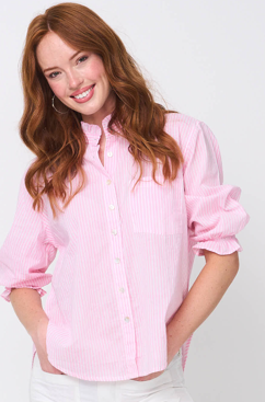 Good Girlfriend Shirt with Ruffle Trim Menswear Stripe Tickled Pink 1 - Front