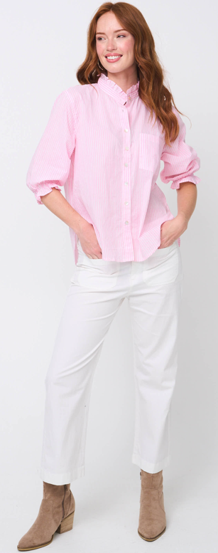Good Girlfriend Shirt with Ruffle Trim Menswear Stripe Tickled Pink 2 - full