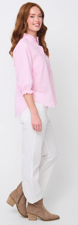 Good Girlfriend Shirt with Ruffle Trim Menswear Stripe Tickled Pink 3 - Side