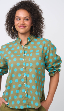 Good Girlfriend Shirt with Ruffle Trim - True Dot Olive/Cerulean 1 - Front