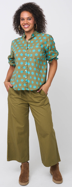 Good Girlfriend Shirt with Ruffle Trim - True Dot Olive/Cerulean 2 - Front - full