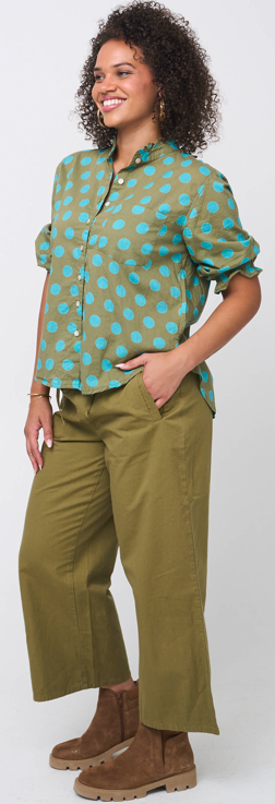 Good Girlfriend Shirt with Ruffle Trim - True Dot Olive/Cerulean 3 - Side - front