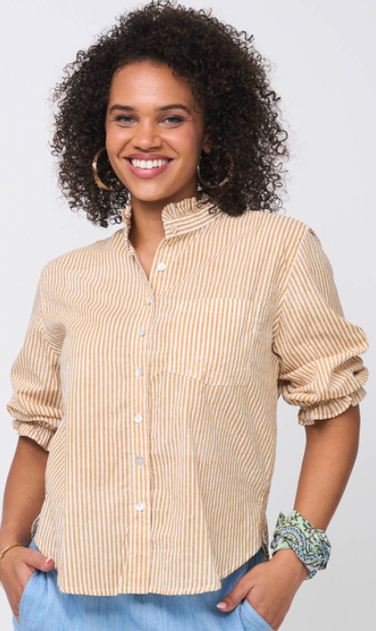Good Girlfriend Shirt with Ruffle Trim Menswear Stripe Honeycomb 1 - Front