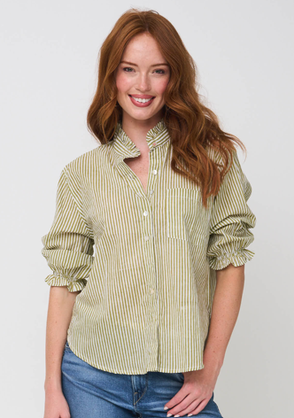 Good Girlfriend Shirt with Ruffle Trim Menswear Stripe Olive 2 - Front 