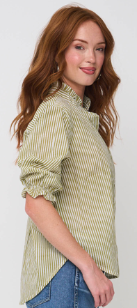 Good Girlfriend Shirt with Ruffle Trim Menswear Stripe Olive 3 - Side