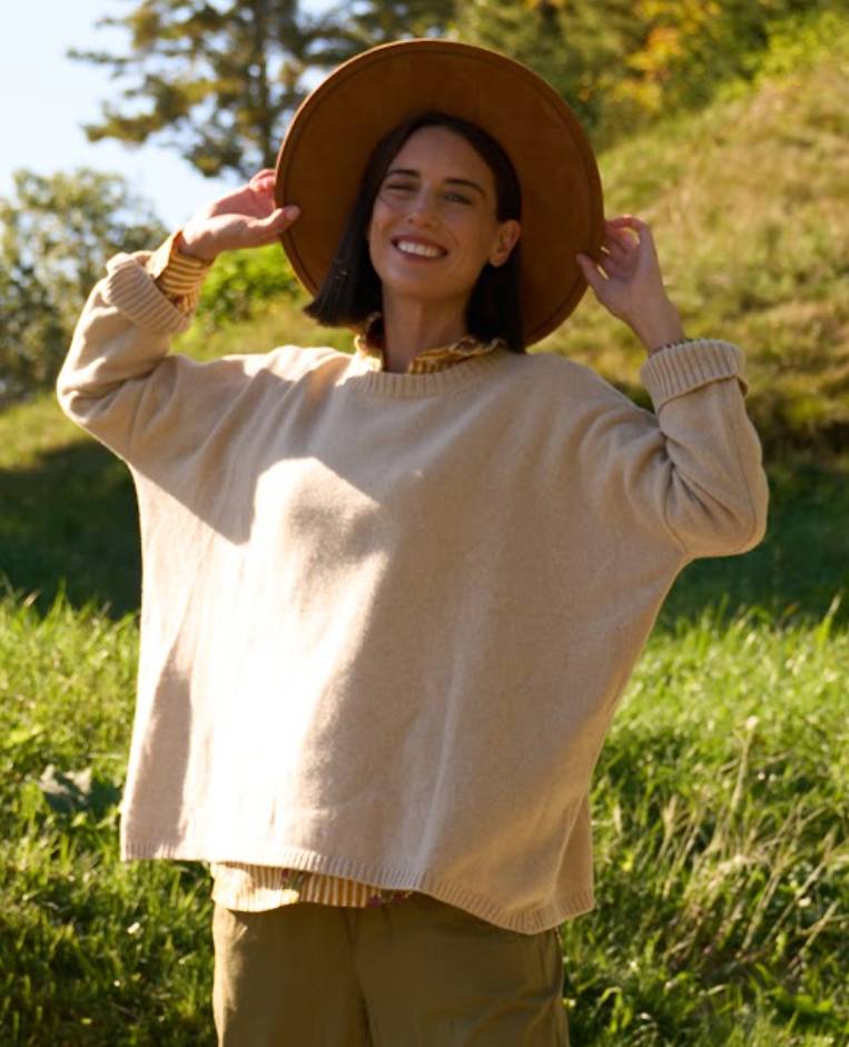 Nantucket Boxy Recycled Cashmere Sweater - Oatmeal 4 - Front view -  with hat