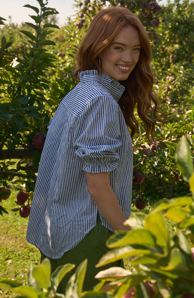 Good Girlfriend Shirt with Ruffle Trim Menswear Stripe Coastal Blue