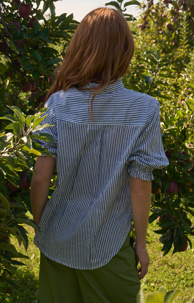 Good Girlfriend Shirt with Ruffle Trim Menswear Stripe Coastal Blue