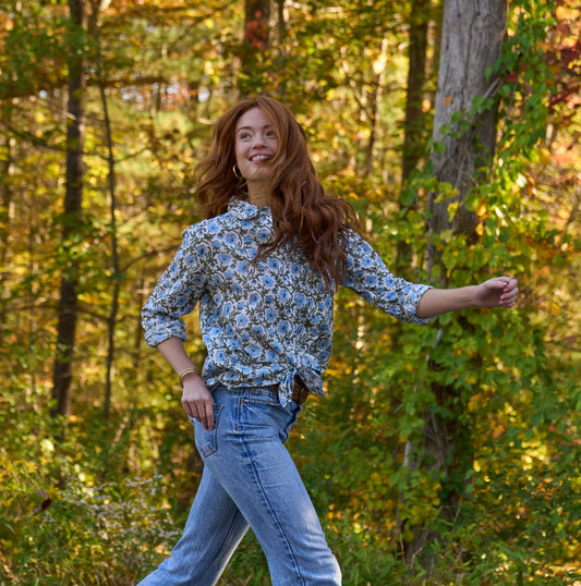 Good Boyfriend Shirt - Darlington Floral Bluebird  and jeans  1