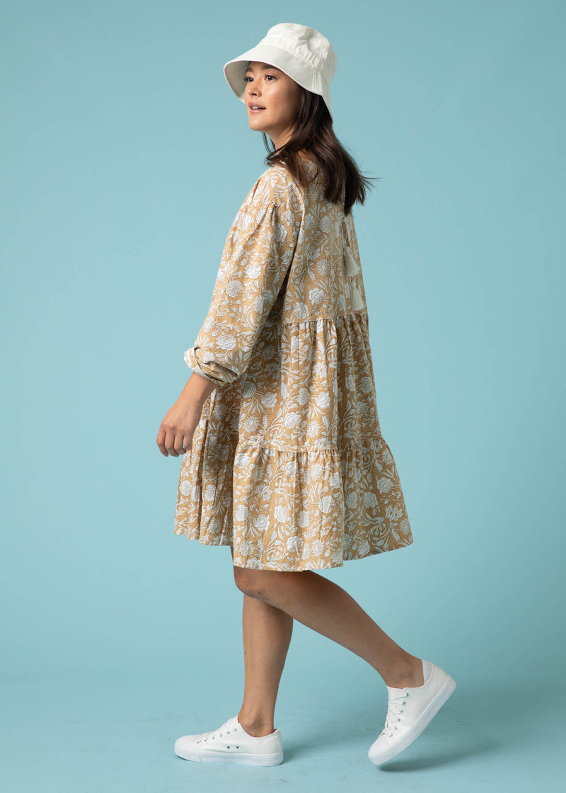 Meadow Tiered Short Dress - Floral Escape in Baked Clay & Olive Oil