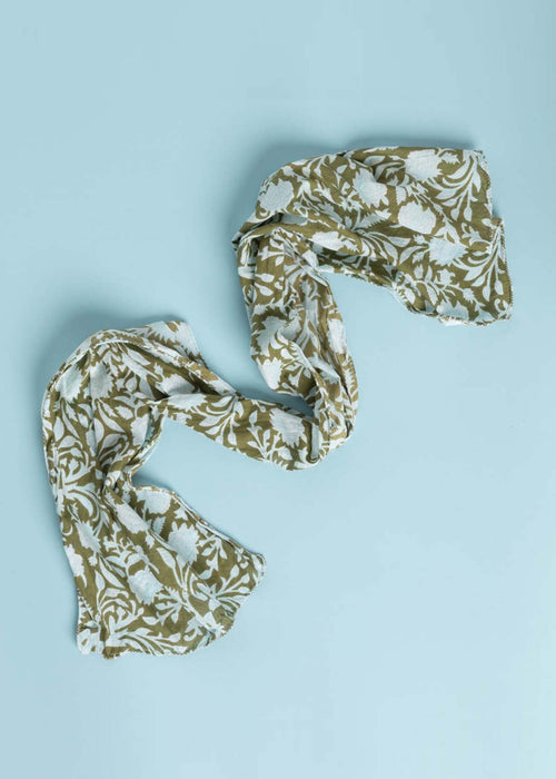 Scarf - Floral Escape Skinny Olive Oil / Cerulean