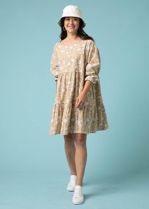 Meadow Tiered Short Dress - Floral Escape in Baked Clay & Olive Oil