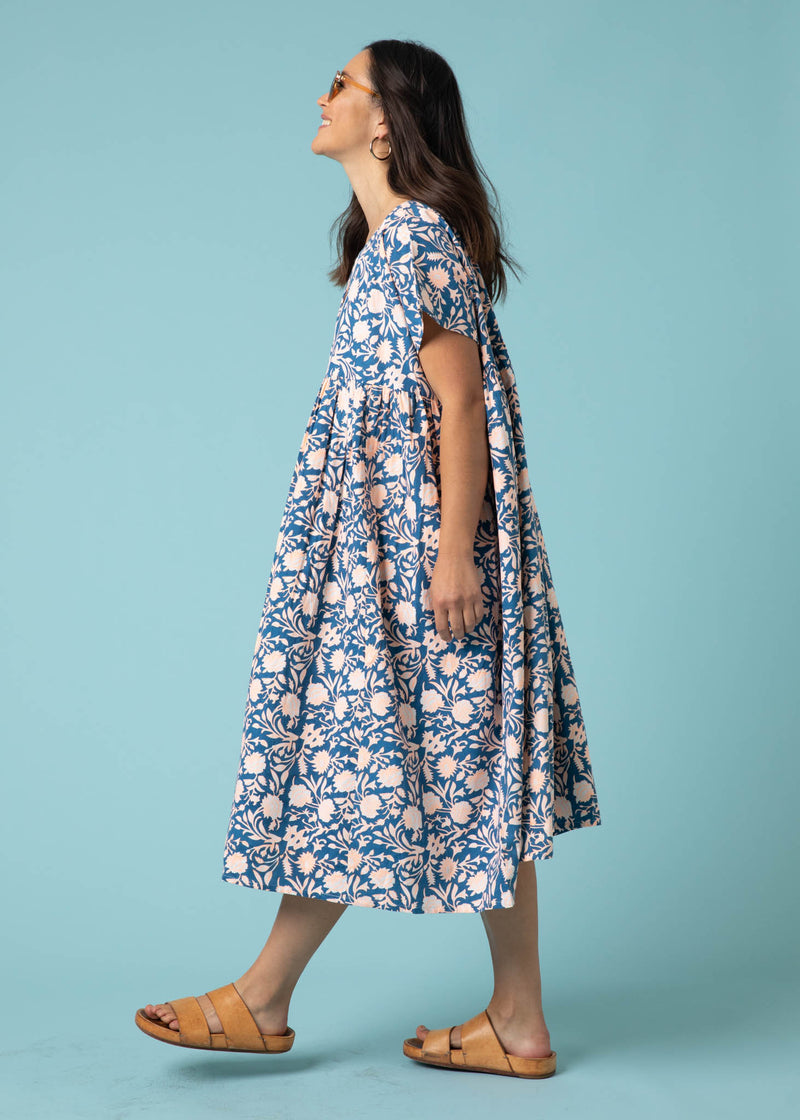 Meadow Dress -                                      Floral Escape in True Navy & Neon Peach