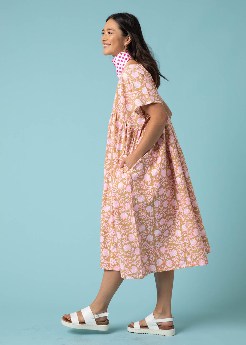 Meadow Dress -                                      Floral Escape in Baked Clay & Neon Pink