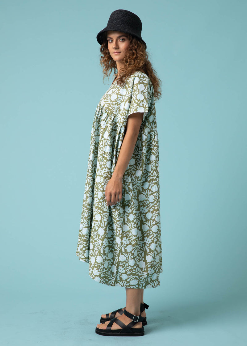 Meadow Dress -                                      Floral Escape in Olive Oil & Cerulean