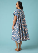 Meadow Dress -                                      Floral Escape in True Navy & Neon Peach