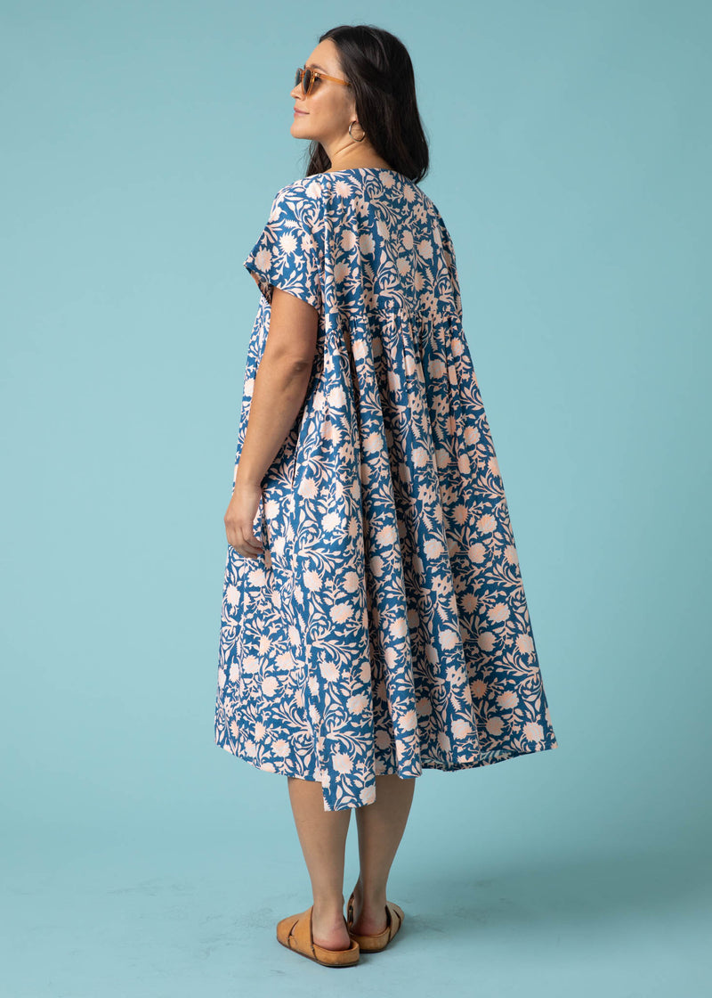 Meadow Dress -                                      Floral Escape in True Navy & Neon Peach