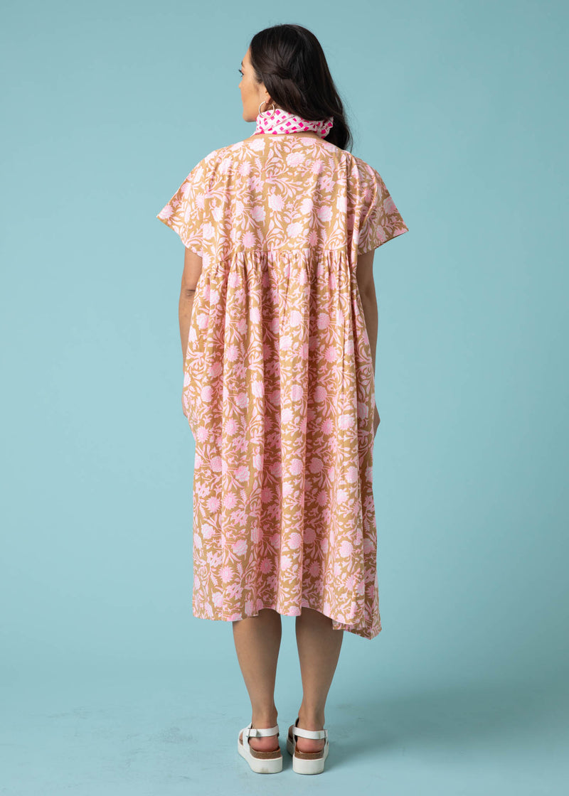 Meadow Dress -                                      Floral Escape in Baked Clay & Neon Pink