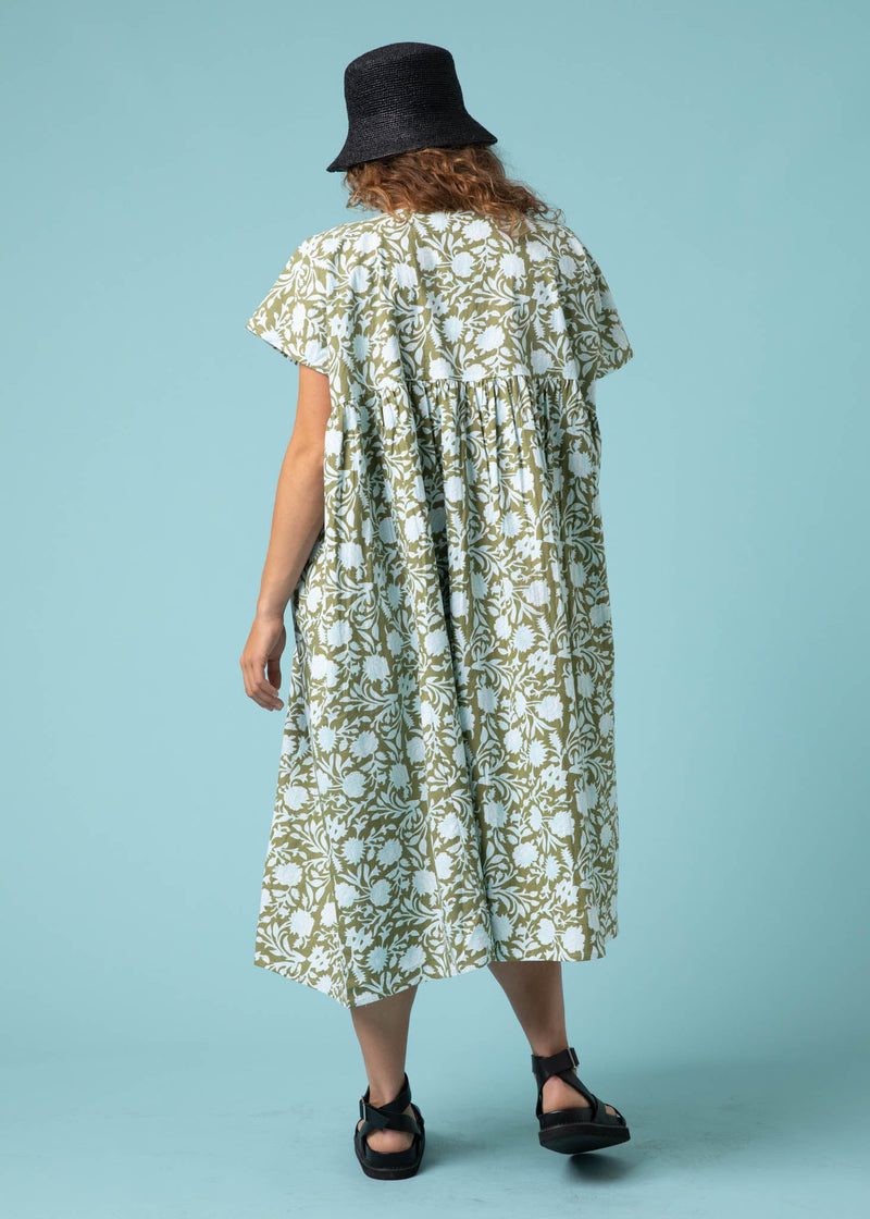 Meadow Dress -                                      Floral Escape in Olive Oil & Cerulean