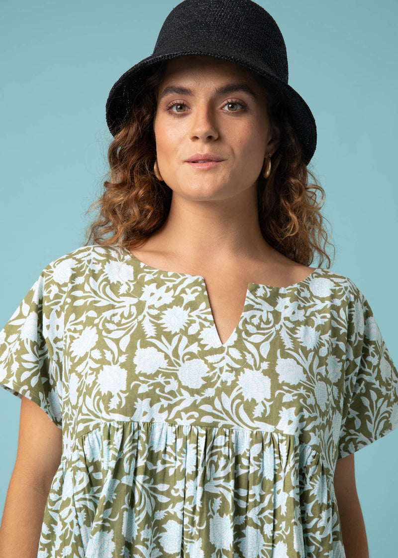 Meadow Dress -                                      Floral Escape in Olive Oil & Cerulean