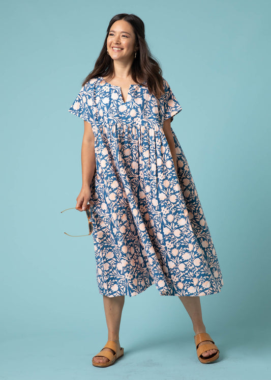 Meadow Dress - Floral Escape in True Navy & Neon Peach