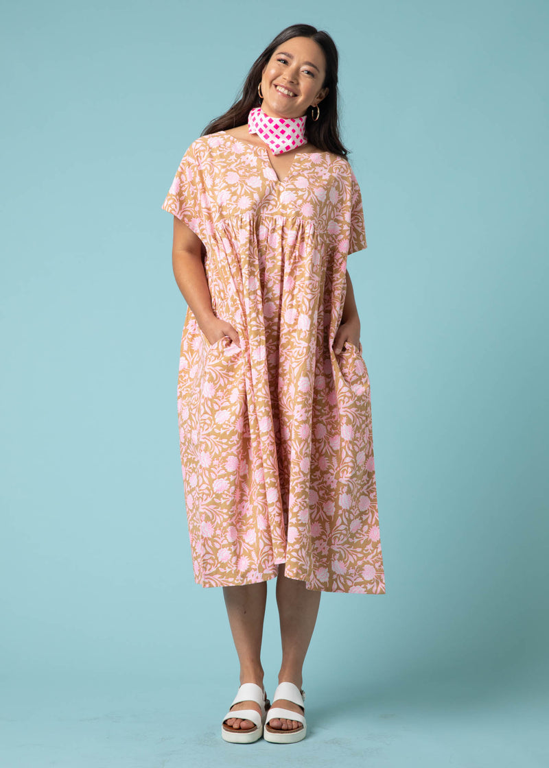 Meadow Dress -                                      Floral Escape in Baked Clay & Neon Pink