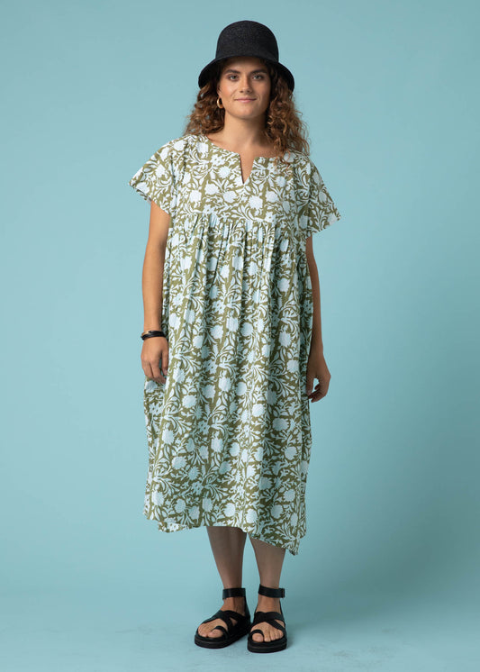 Meadow Dress - Floral Escape in Olive Oil & Cerulean