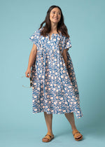 Meadow Dress -                                      Floral Escape in True Navy & Neon Peach