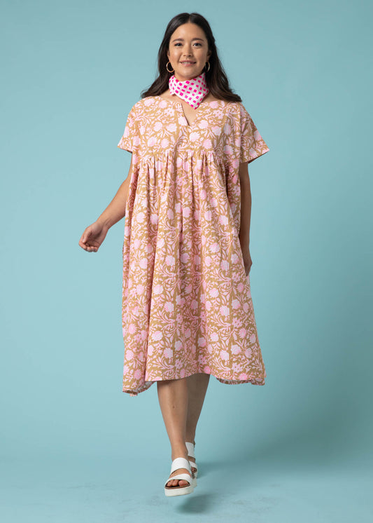 Meadow Dress - Floral Escape in Baked Clay & Neon Pink