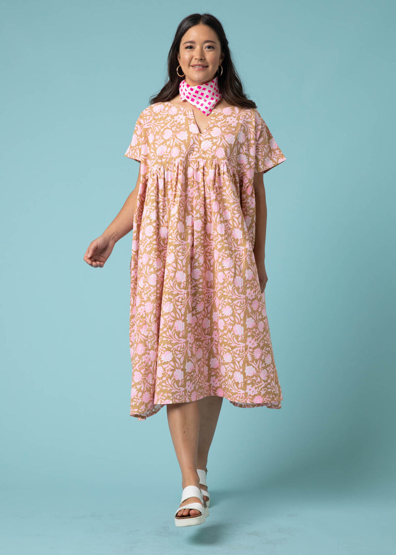 Meadow Dress -                                      Floral Escape in Baked Clay & Neon Pink